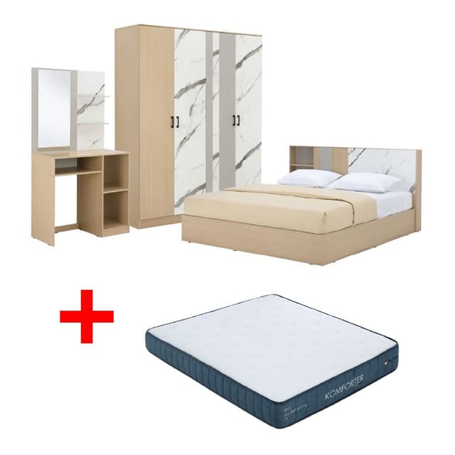 ซื้อชุดห้องนอน รุ่นแมกโนเลีย ขนาด 6 ฟุต (เตียง, ตู้เสื้อผ้า 4 บาน, โต๊ะเครื่องแป้ง) - สีธรรมชาติ/หินอ่อนขาว พร้อมที่นอน รุ่นคอมฟอร์ทเตอร์ ขนาด 6 ฟุต ราคาพิเศษ!