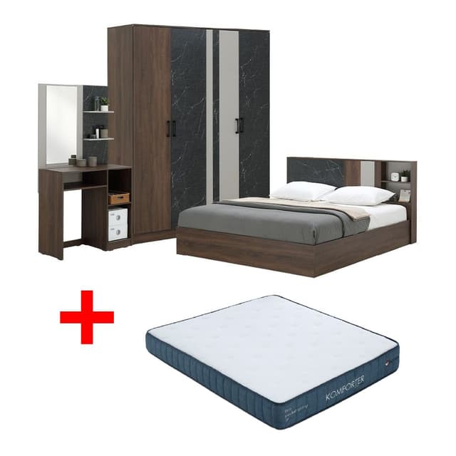 ซื้อชุดห้องนอน รุ่นแมกโนเลีย ขนาด 5 ฟุต (เตียง, ตู้เสื้อผ้า 4 บาน, โต๊ะเครื่องแป้ง) - สีวอลนัท/หินอ่อนดำ พร้อมที่นอน รุ่นคอมฟอร์ทเตอร์ ขนาด 5 ฟุต ราคาพิเศษ!