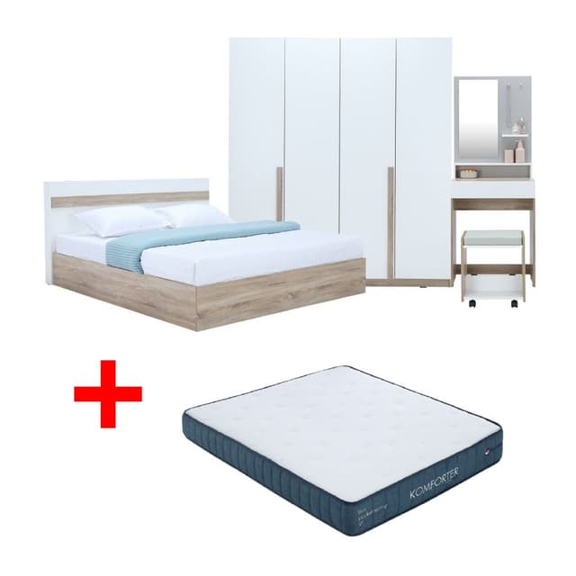 ซื้อชุดห้องนอน รุ่นมินิโอ ขนาด 6 ฟุต (เตียง, ตู้เสื้อผ้า 4 บาน, โต๊ะเครื่องแป้งพร้อมสตูล) - สีธรรมชาติ/ขาว พร้อมที่นอน รุ่นคอมฟอร์ทเตอร์ ขนาด 6 ฟุต ราคาพิเศษ!