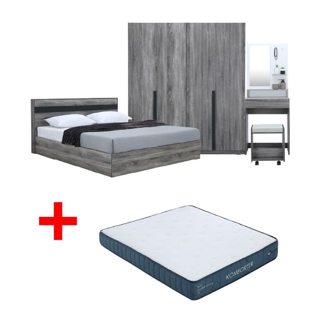 ซื้อชุดห้องนอน รุ่นมินิโอ ขนาด 5 ฟุต (เตียง, ตู้เสื้อผ้า 4 บาน, โต๊ะเครื่องแป้งพร้อมสตูล) - สีเทา พร้อมที่นอน รุ่นคอมฟอร์ทเตอร์ ขนาด 5 ฟุต ราคาพิเศษ!