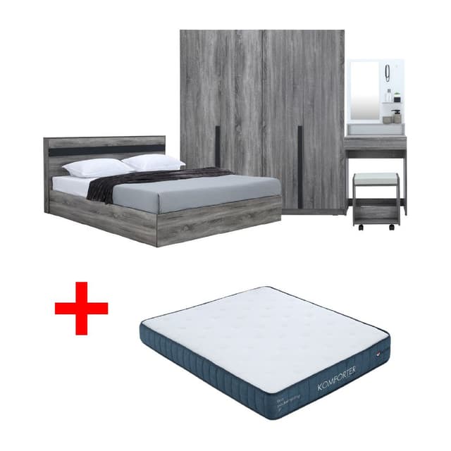ซื้อชุดห้องนอน รุ่นมินิโอ ขนาด 6 ฟุต (เตียง, ตู้เสื้อผ้า 4 บาน, โต๊ะเครื่องแป้งพร้อมสตูล) - สีเทา พร้อมที่นอน รุ่นคอมฟอร์ทเตอร์ ขนาด 6 ฟุต ราคาพิเศษ!