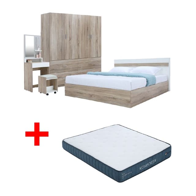ซื้อชุดห้องนอน รุ่นมินิโอ+ทิวลิป ขนาด 6 ฟุต (เตียง, ตู้เสื้อผ้า 4 บาน, โต๊ะเครื่องแป้งพร้อมสตูล) พร้อมที่นอน รุ่นคอมฟอร์ทเตอร์ ขนาด 6 ฟุต ราคาพิเศษ!