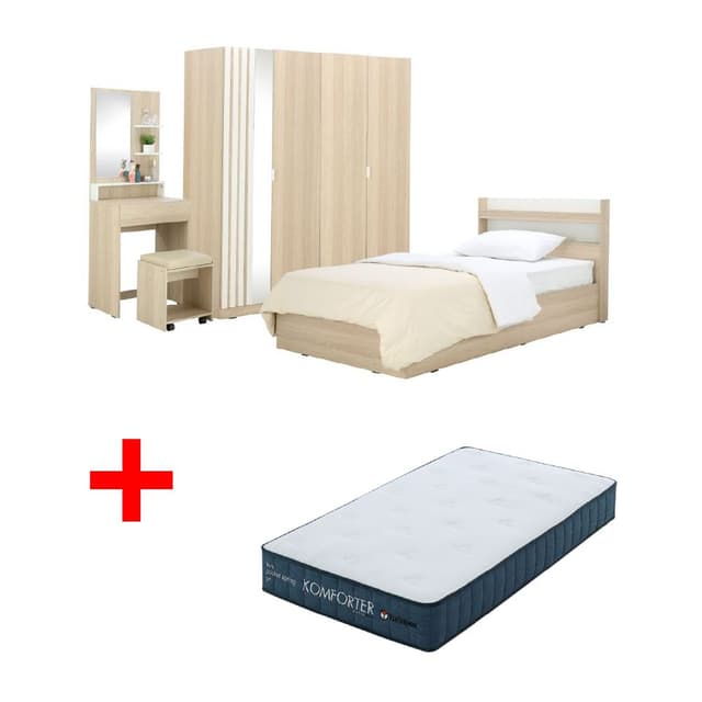 ซื้อชุดห้องนอน รุ่นแชมป์ ขนาด 3.5 ฟุต (เตียง, ตู้เสื้อผ้า, ตู้เสื้อผ้าพร้อมกระจก, โต๊ะเครื่องแป้ง) พร้อมที่นอน รุ่นคอมฟอร์ทเตอร์ ขนาด 3.5 ฟุต ราคาพิเศษ!