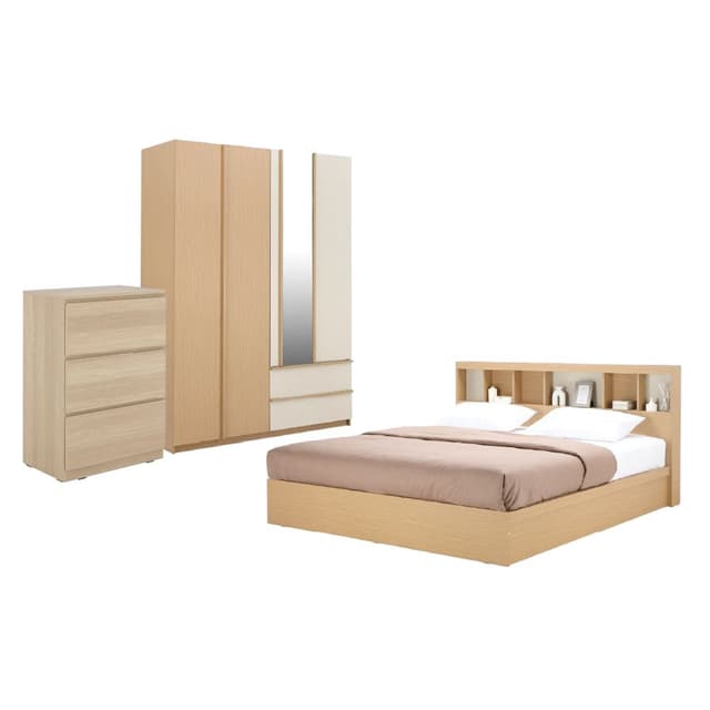 ซื้อเตียงนอน รุ่นชิซูโอกะ ขนาด 6 ฟุต พร้อมตู้เสื้อผ้า 4 บาน รุ่นชิซูโอกะ และตู้ 3 ลิ้นชัก รุ่นว้าว ราคาพิเศษ!