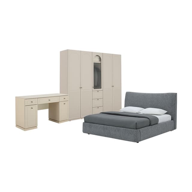 ชุดห้องนอน รุ่นซีรีน ขนาด 6 ฟุต (เตียงหุ้มผ้า, ตู้เสื้อผ้า 5 บาน, โต๊ะเครื่องแป้ง) - สีเบจ/เทา