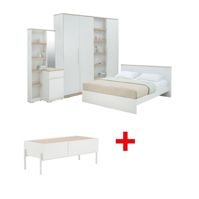 ซื้อชุดห้องนอน รุ่นมินิมอล ขนาด 6 ฟุต (เตียง, ตู้เสื้อผ้า 4 บาน, โต๊ะเครื่องแป้งแบบยืน) พร้อมโต๊ะกลาง รุ่นเมลโล ขนาด 105.5 ซม. ราคาพิเศษ!