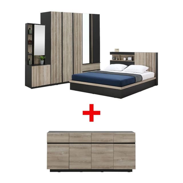 ซื้อชุดห้องนอน รุ่นอัมสเตอร์ดัม ขนาด 5 ฟุต (เตียง, ตู้เสื้อผ้า 5 บาน, โต๊ะเครื่องเเป้งแบบยืน) พร้อมตู้ไซด์บอร์ด รุ่นอัมสเตอร์ดัม ขนาด 180 ซม. ราคาพิเศษ!