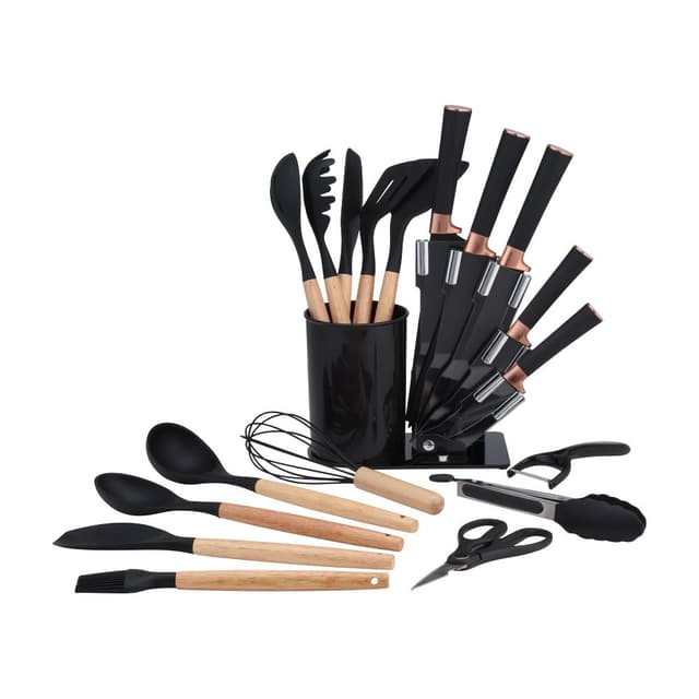 ชุดมีดพร้อมฐานรอง รุ่นแอมเชฟ (19 ชิ้น/ชุด) - สีดำ/ธรรมชาติ