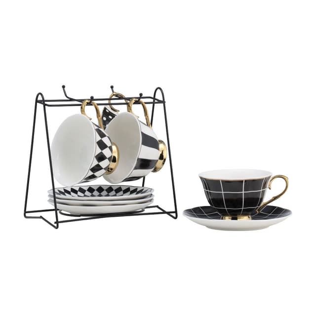 ถ้วยกาแฟพร้อมจานรองและขาตั้ง รุ่นลีย์ (9 ชิ้น/ชุด) - สีดำ/ทอง
