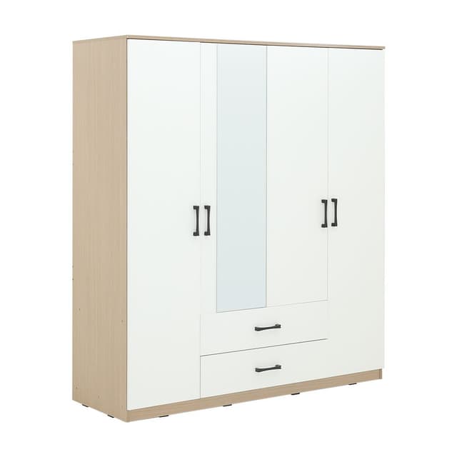 Furinbox ตู้เสื้อผ้า 4 บาน พร้อมกระจก รุ่นฟินซ์ ขนาด 160 ซม. - สีธรรมชาติ/ขาว