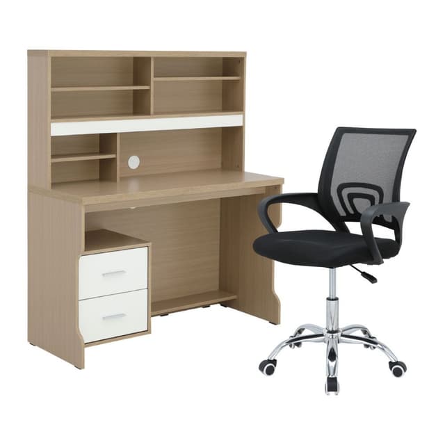 Furinbox โต๊ะทำงานพร้อมชั้นวางและเก้าอี้สำนักงาน รุ่นมินิโอ+ดาร์บี้ - สีธรรมชาติ/ดำ